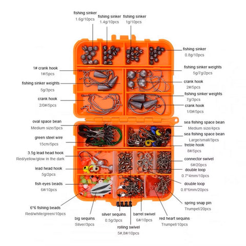 Box of fishing accesories - 257 pieces (2 COLORS: ORANGE and BLACK)